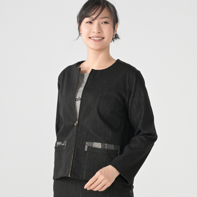 エニワイズ ニットデニムのノーカラーショートジャケット