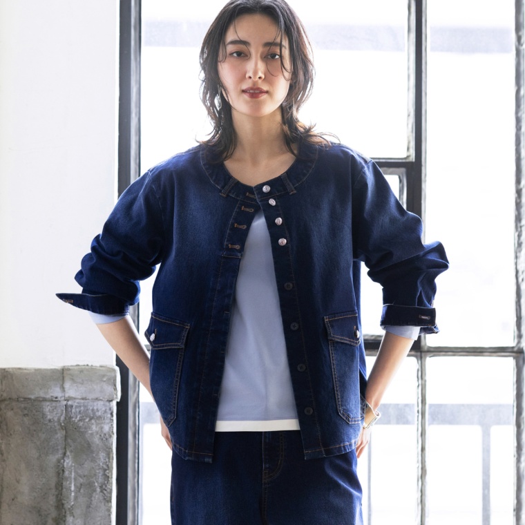 MASAGO ストレッチデニムノーカラージャケット