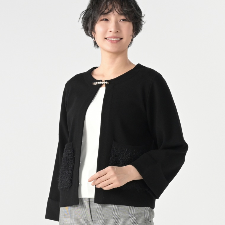 LUREM ピンブローチ付きニットジャケットカーデ