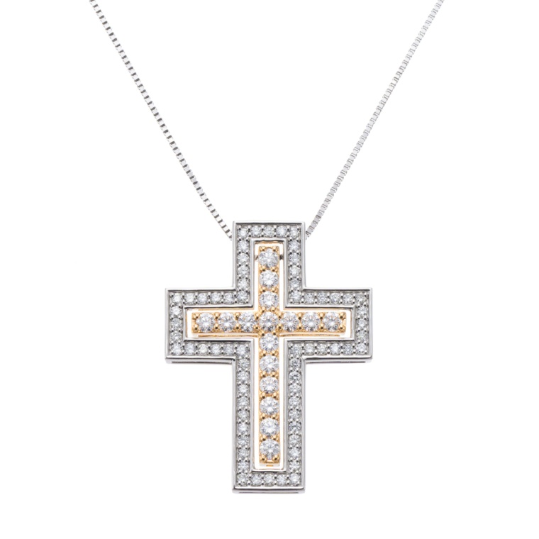 Dカラーダイヤ PT950/18KYG クロスデザインペンダント