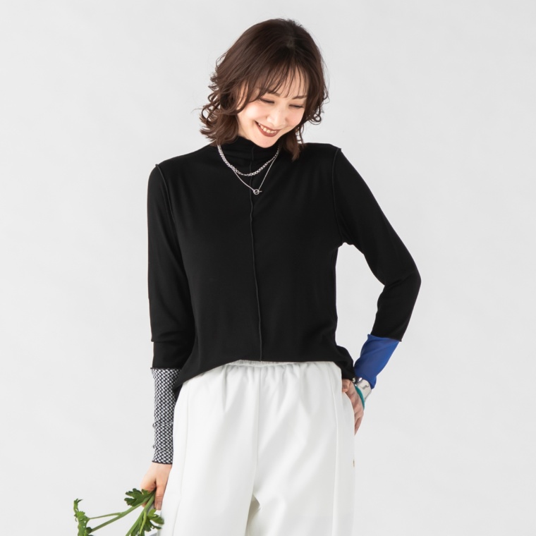 MORNMAGIE 袖口アシンメトリー テレコ長袖トップス