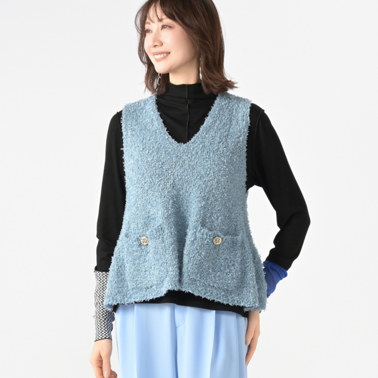 MORNMAGIE リボンヤーンニット Vネックフレアージレ