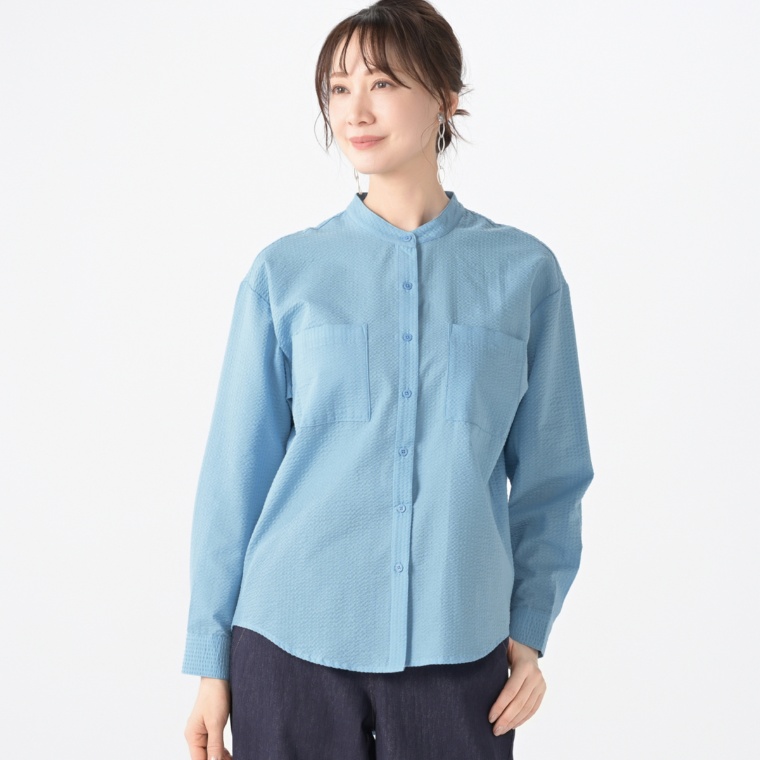 エニワイズ 後ろタックのポケット付きバンドカラーシャツ