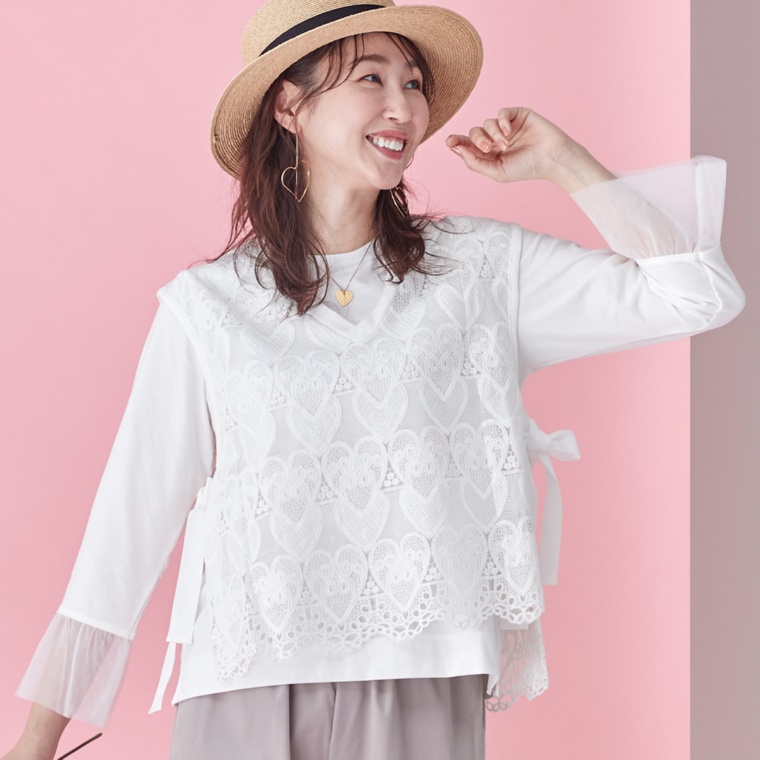 &LOVE コーデが楽々ハートレースベスト&袖フリルトップスセット