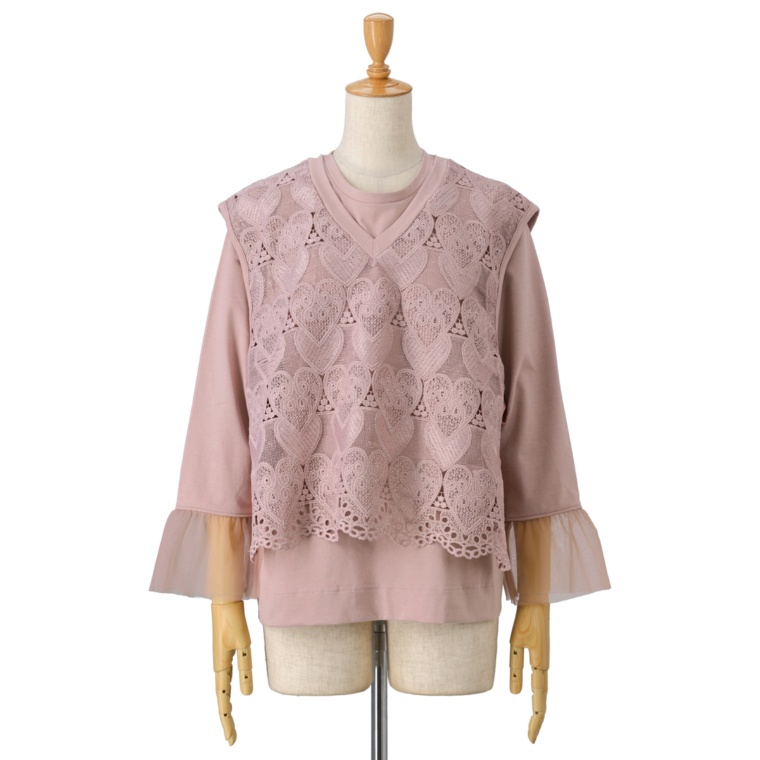 &LOVE コーデが楽々ハートレースベスト&袖フリルトップスセット