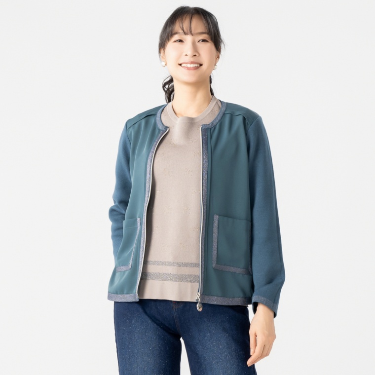 PCD ラメモダンラインのニットドッキングジップアップジャケット