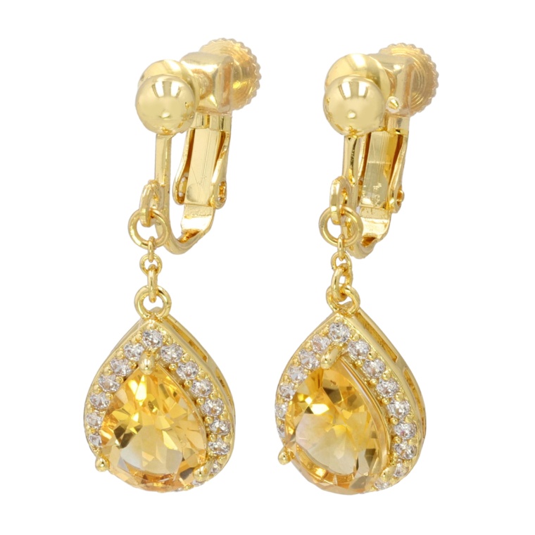 シトリン&CZペアシェイプイヤリング/ピアス計3.0ctUP[アマラ]