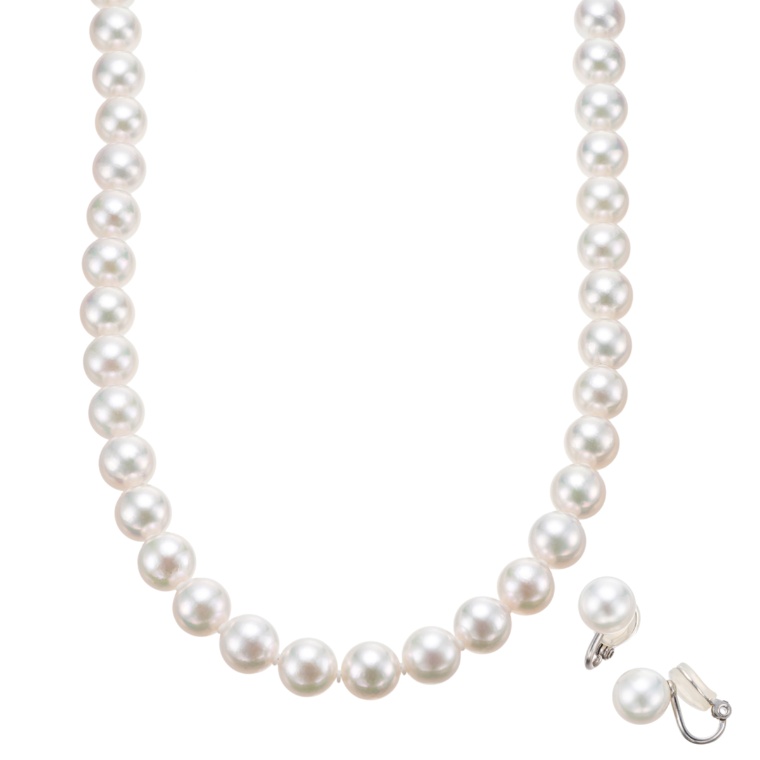 花珠真珠9mm珠ネックレス&イヤリング/ピアスセット