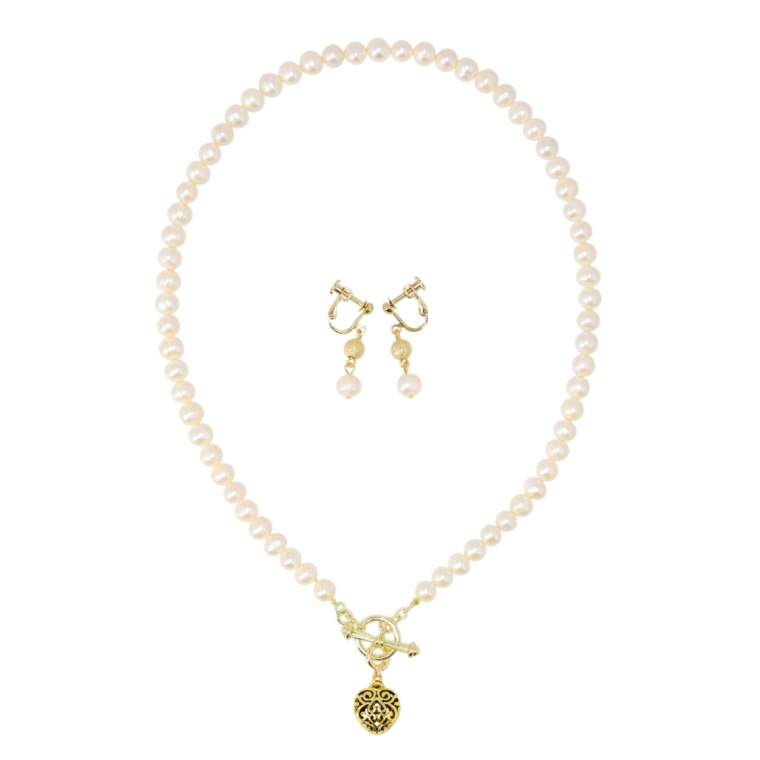 淡水パールネックレス&イヤリング/ピアス ハートチャーム付き