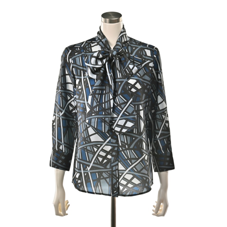 ナラカミーチェ サテン幾何プリントボウタイ七分袖ブラウス