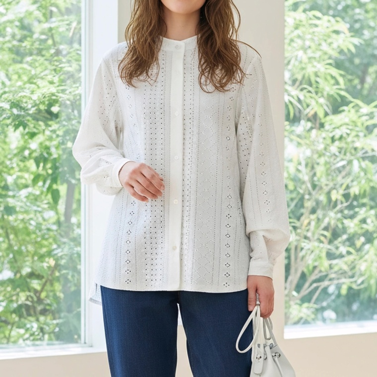 Provador ストレッチ総レースバンドカラーブラウス