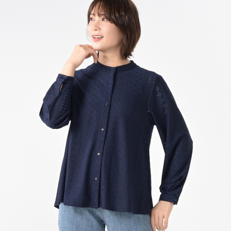 Provador ストレッチ総レースバンドカラーブラウス
