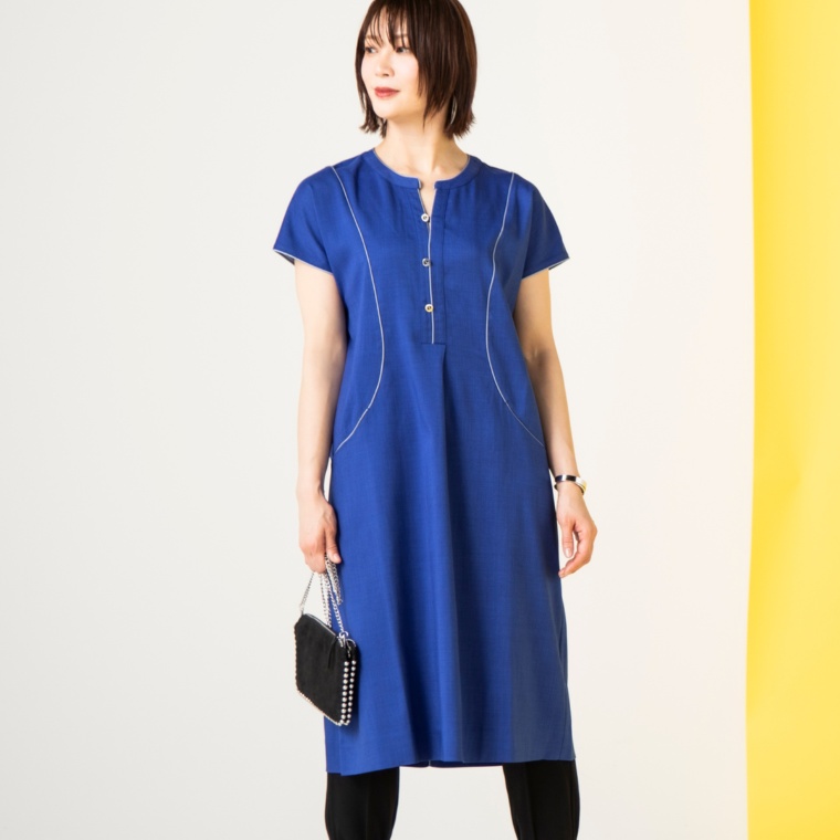 PCD ラウンドラインパイピングのフレンチスリーブワンピース