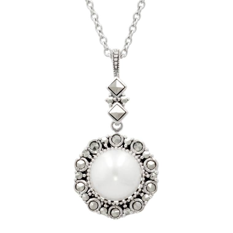 ラフィネ シルバー925マルカジット&淡水パールフラワーペンダント