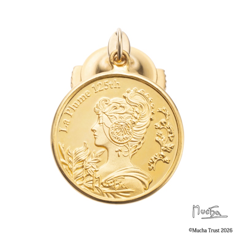 純金/18KYG ミュシャ『桜草と羽根』メダルブローチ