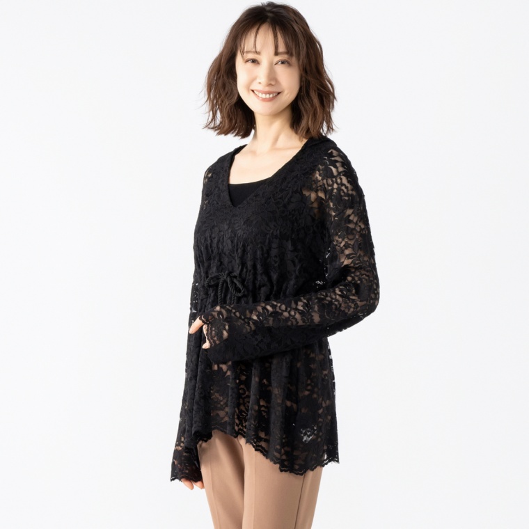 ANGELOS 花柄レースフーディープルオーバー