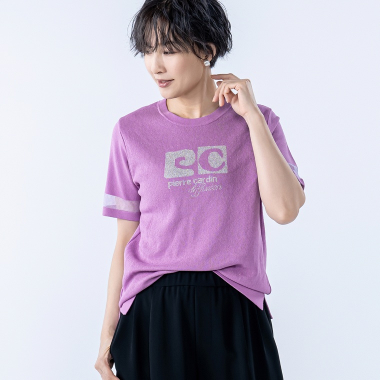 PCD 半袖シアーラインのラメロゴジャカードニットプルオーバー