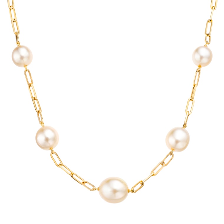 18KYGシャンパンカラー白蝶真珠ステーションネックレス10-12mm