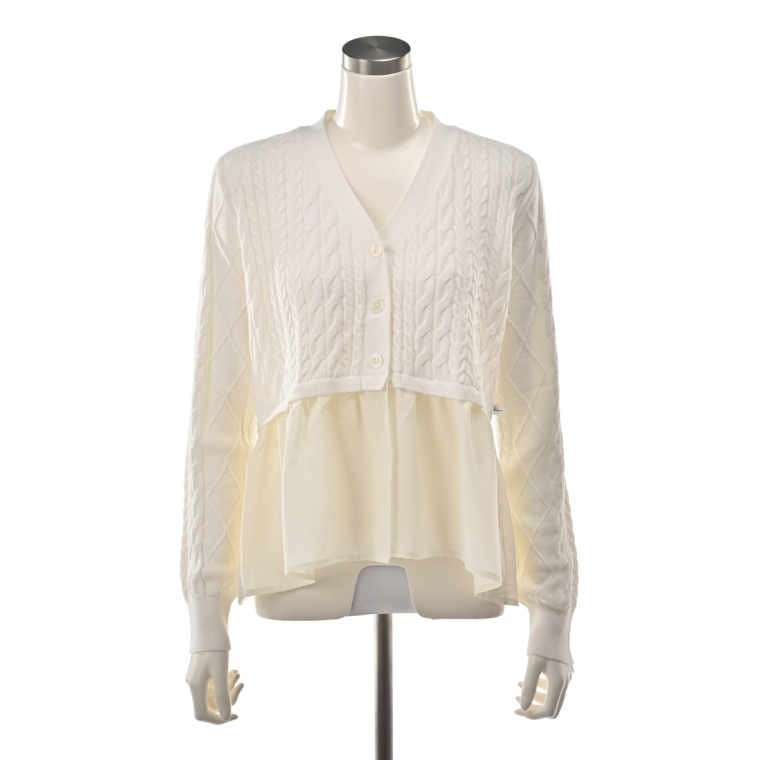 KawaiOkada 裾シフォン切替ケーブルニットカーディガン