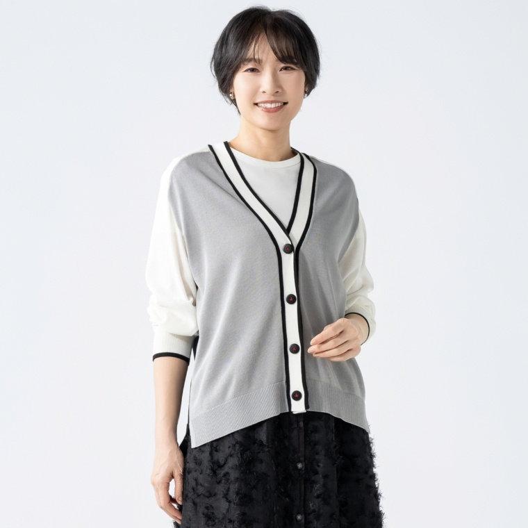 calma カラーブロッキング シャリ味ニットカーディガン