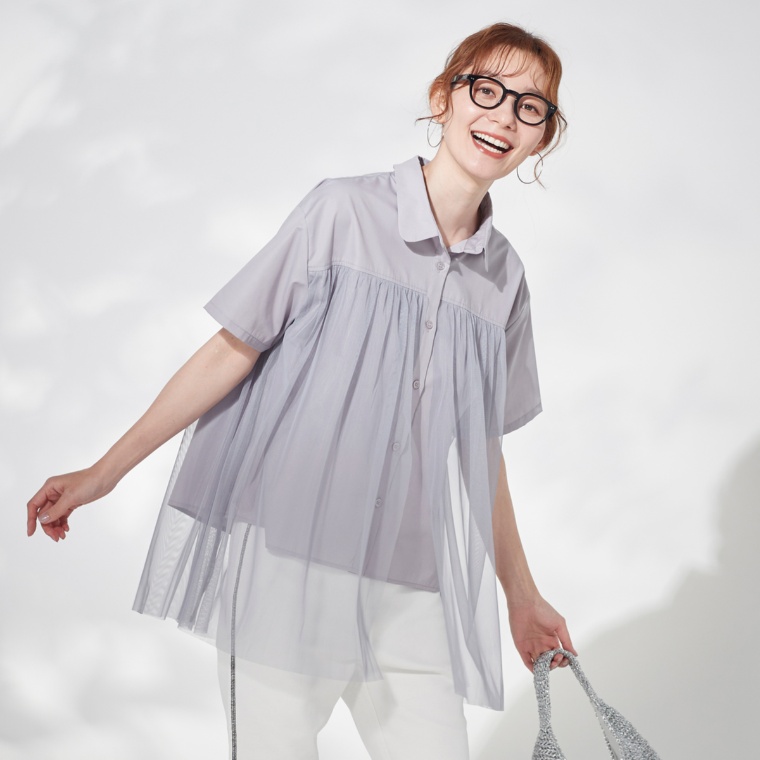 KidsAngel チュール素材レイヤードブラウス