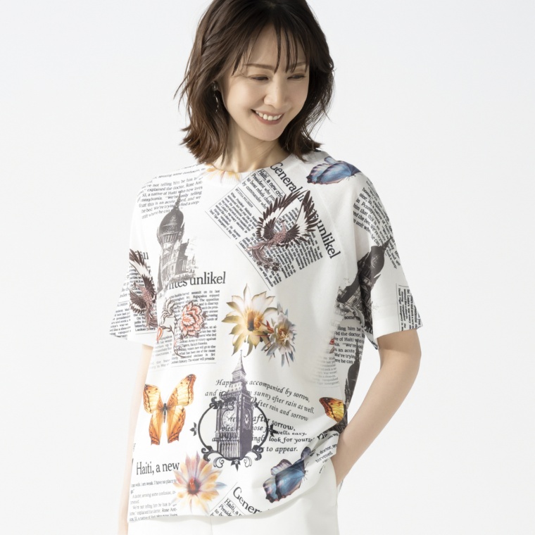 ドネモア 洗えるコラージュ風プリントのニットプルオーバー