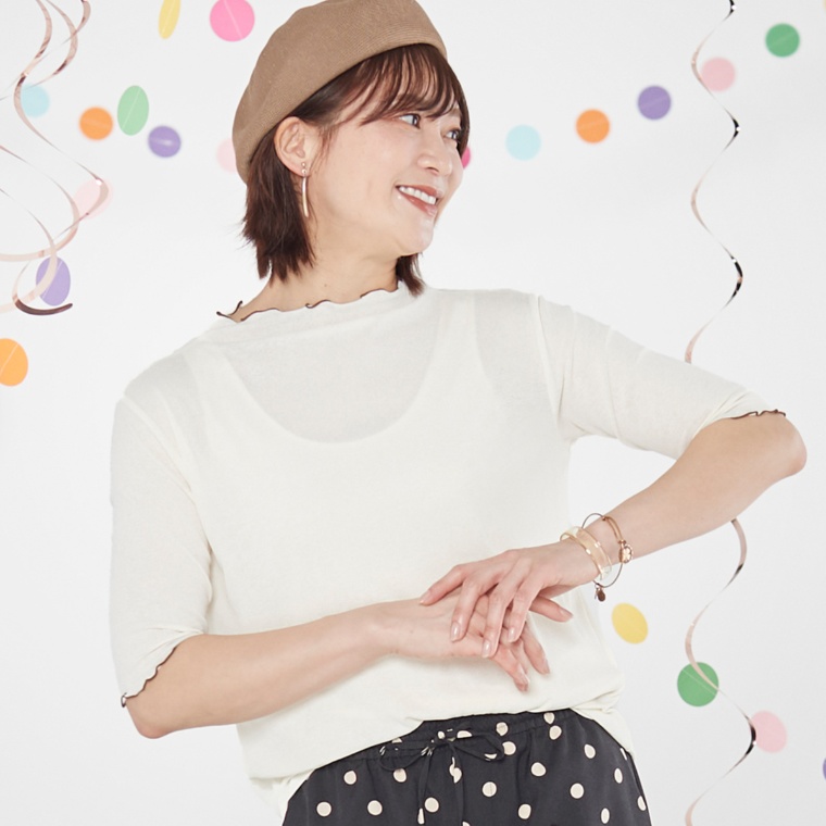 Coeur sucre プチボトルネックアクセント配色シアーTシャツ