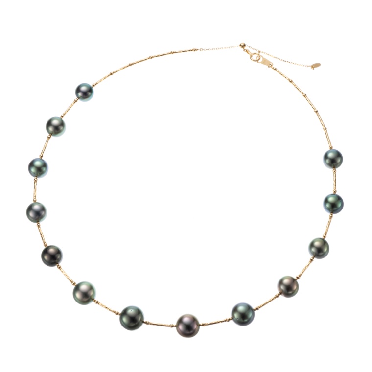 18KYG 黒蝶真珠 デザインネックレス 8-10mm テリ最強