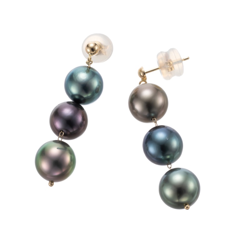 18KYG黒蝶真珠 トリニティイヤリング/ピアス8mm テリ最強