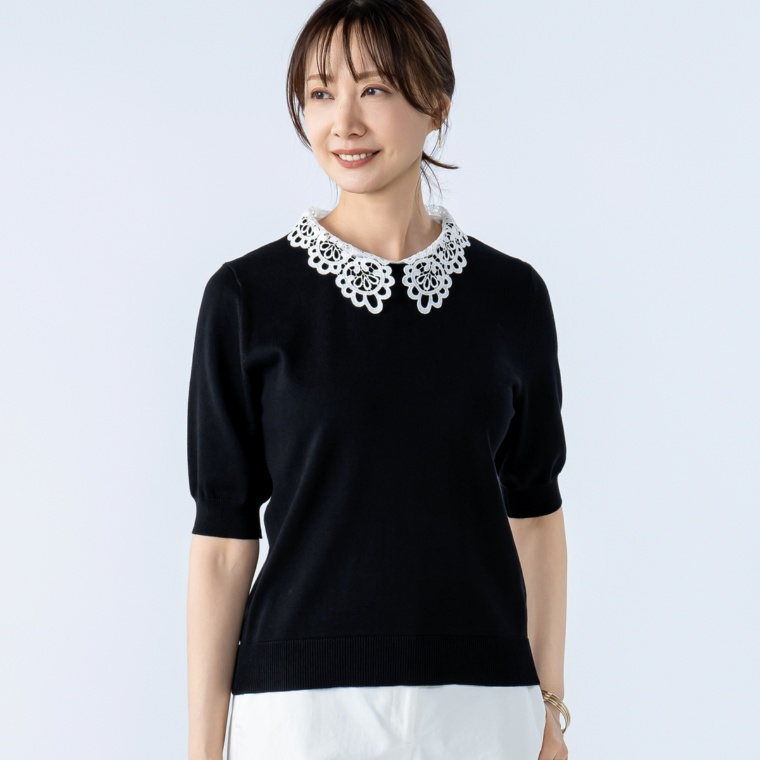 CARRIERE取り外しレース衿付き2WAYニットプルオーバー