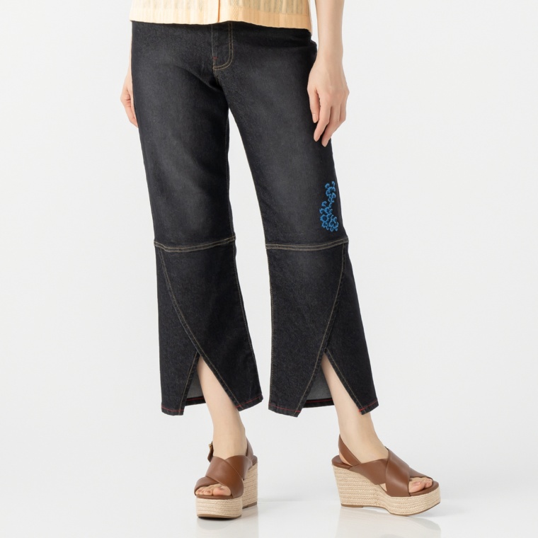 CORNPOPPER 刺繍入り裾ラップデニムパンツ