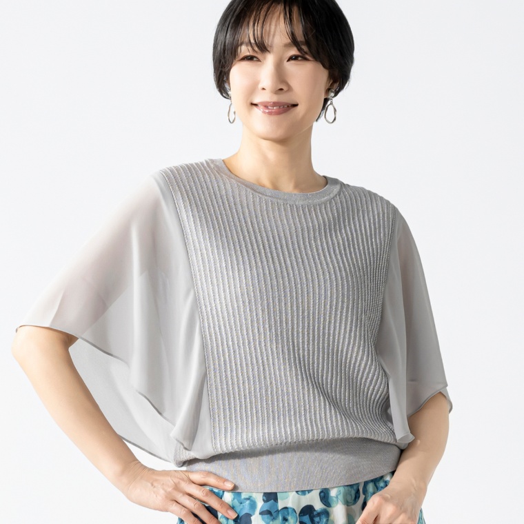 FEE CERISE シルク混シフォンミックスドルマンスリーブニット