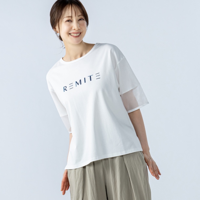 Remite ビジューロゴスリーブカットソー
