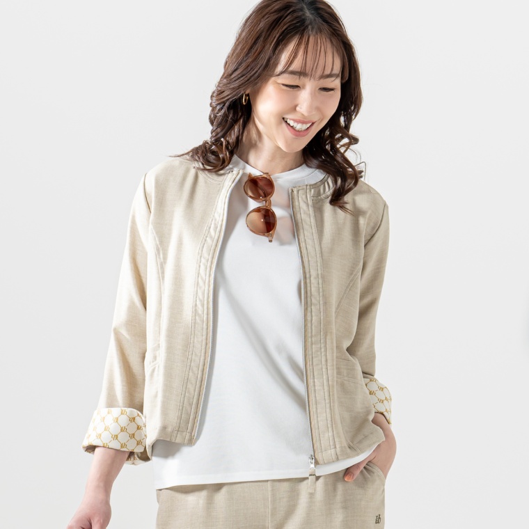 marie claire/bis UV 麻調ノーカラージャケット