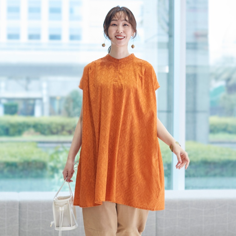 Pomelo 綿混カットジャガードチュニックブラウス