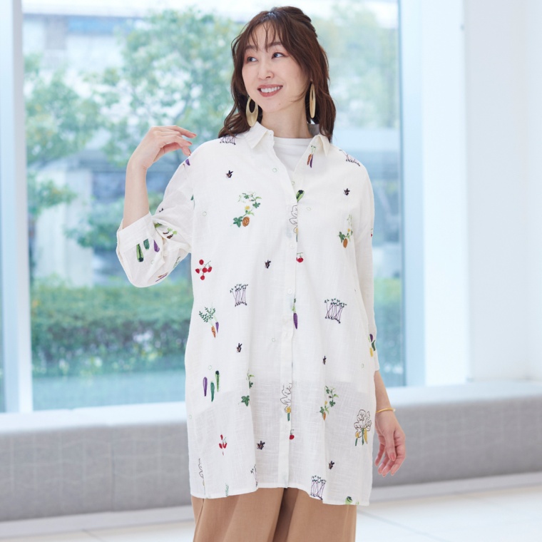 Pomelo 綿100%ベジタブル刺繍チュニックブラウス