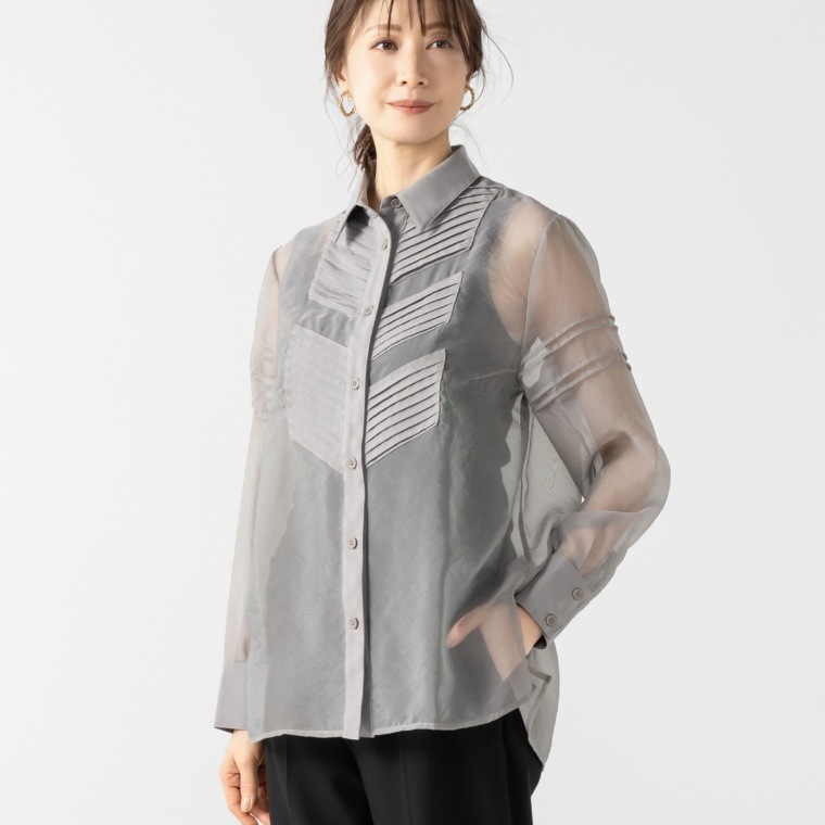 BOUTIQUE JUNKO  デザインピンタック異素材シアーシャツ