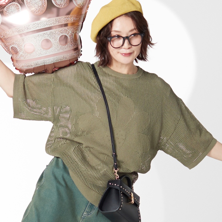 PERSONS メッシュフラワージャガード強撚綿ニット