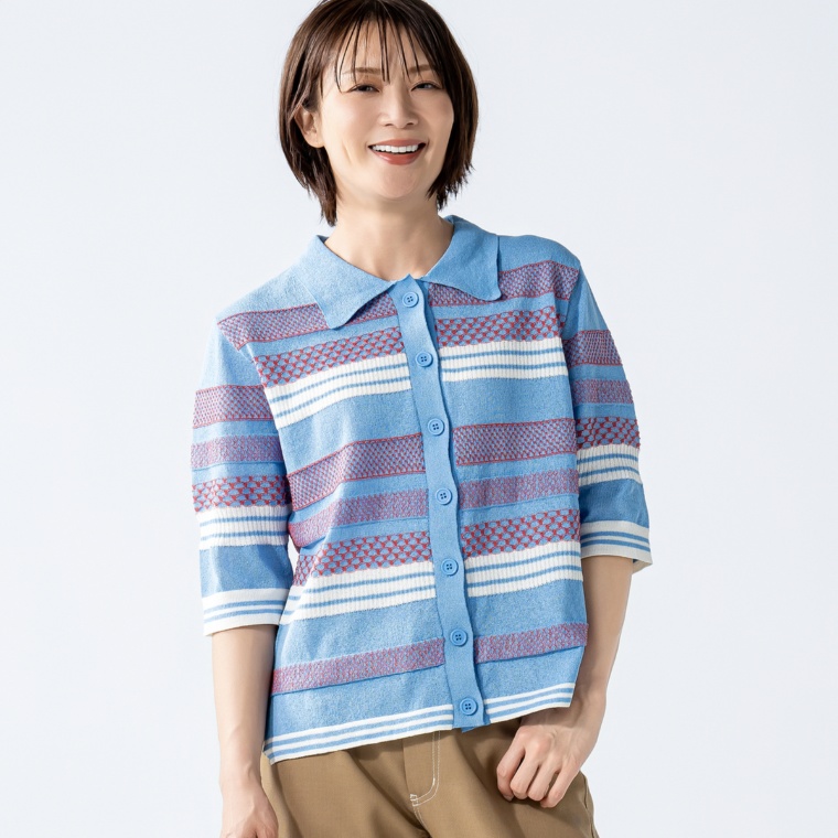 Abanicos ポロカラー マルチ柄ニットカーデ
