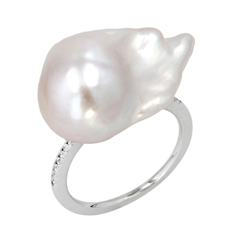 シルバー925 オーロラリップル真珠大粒バロック&CZ リング