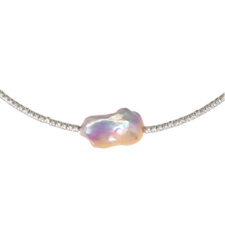 オーロラリップル真珠大粒バロック&CZ オメガネックレス[エッタ]