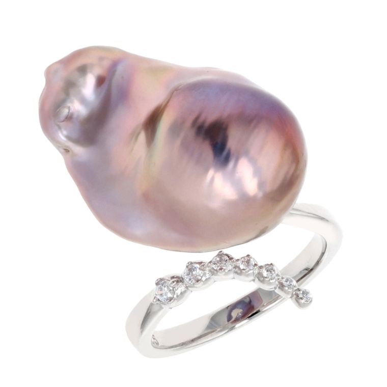 SS パープルオーロラリップル真珠大粒バロック&CZ リング