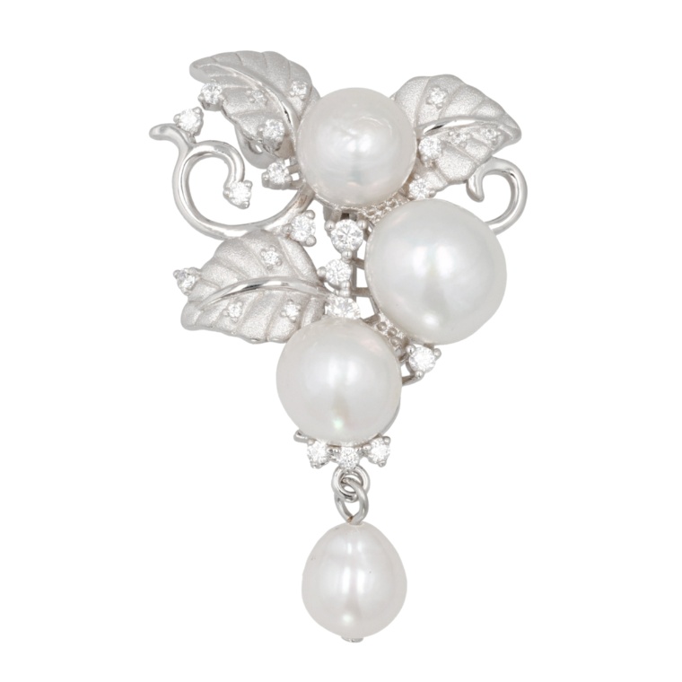 オーロラリップル真珠バロック&CZ リーフデザインブローチ