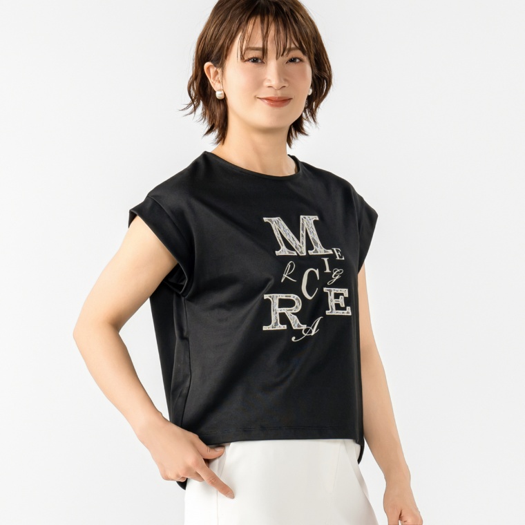 MERCI GRACE レースロゴ刺繍フレンチスリーブTシャツ