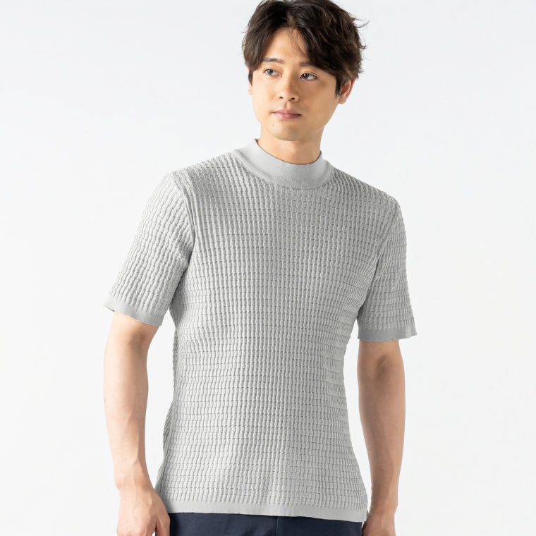 TETE HOMME ブリスタージャガードモックネック半袖ニット