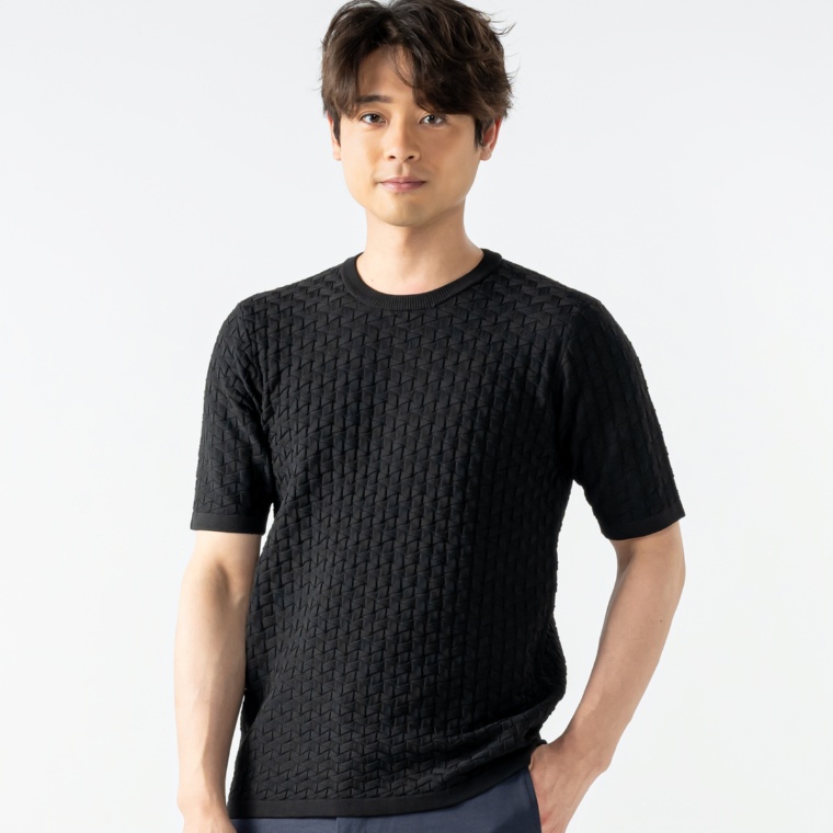 TETE HOMME ディアマンテジャガードクルーネック半袖ニット