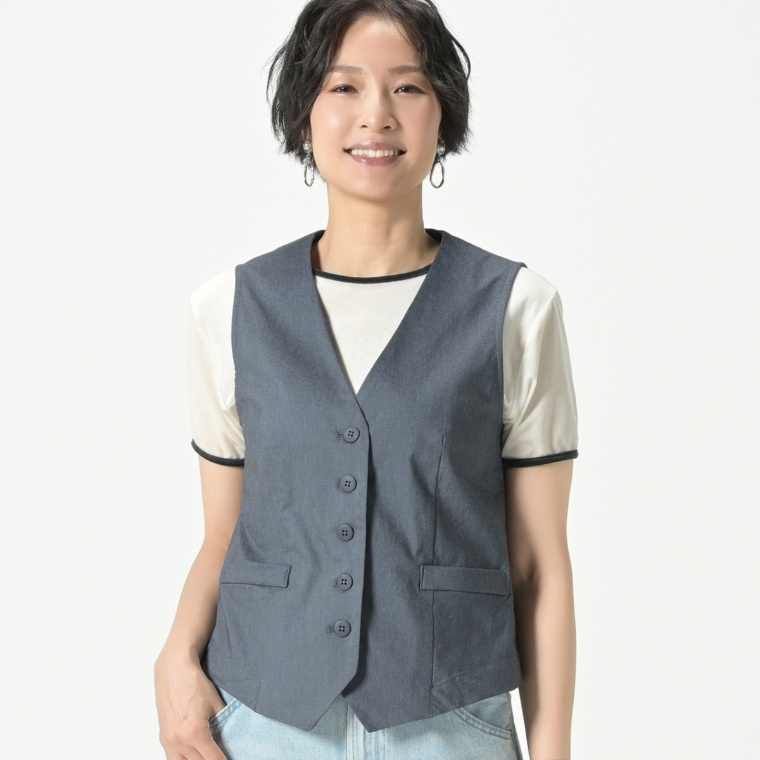 KiKKi 綿麻混ノーカラーVネックベスト