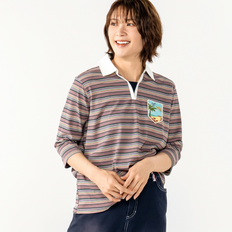 PERSONS マルチカラーテレコスキッパー衿トップス