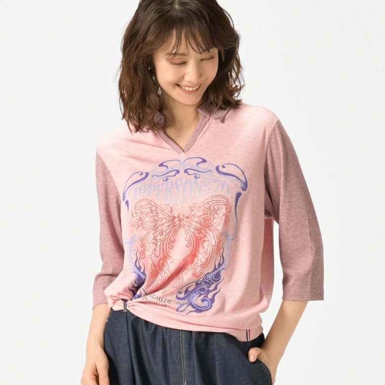 PERSONS ヴィンテージライクプリント&ラインストーンスキッパーT