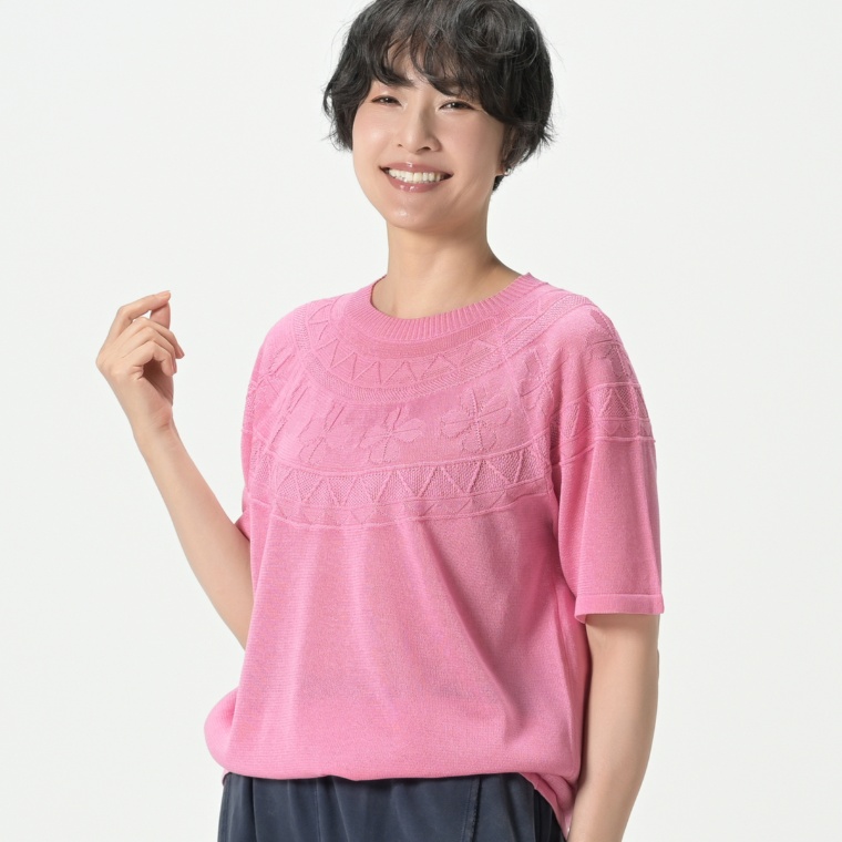 PERSONS クローバー柄ジャガードサマーニット
